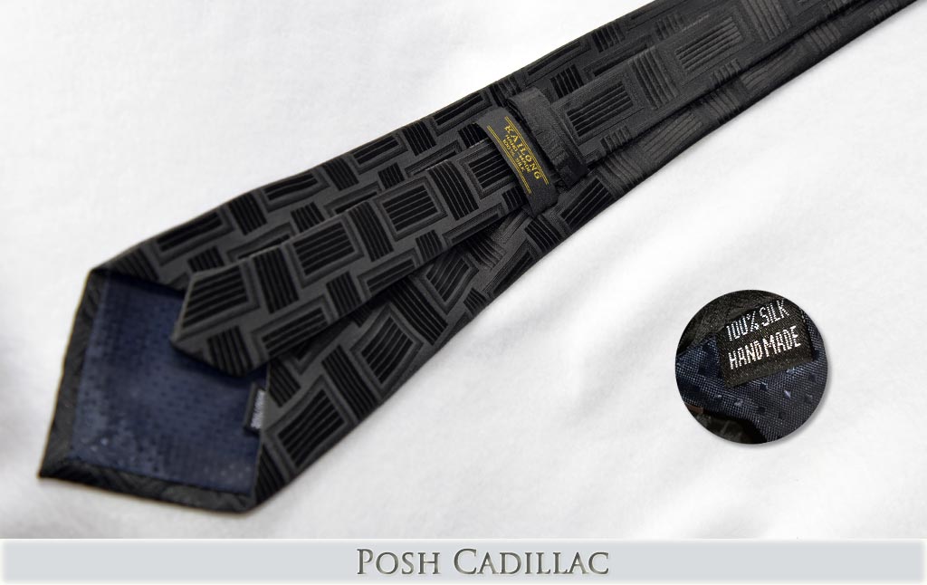 Black-Jacquard-Handmade-Silk-Tie-with-black-linear-square-weave-pattern-Posh-Cadillac-txt-below-web