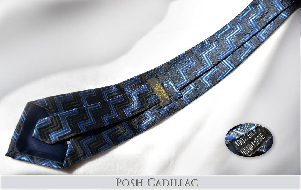 Black-Tie-with-Blue-Zig-zag-woven-pattern-Jacquard-Handmade-Silk-Posh-Cadillac-txt-below-we